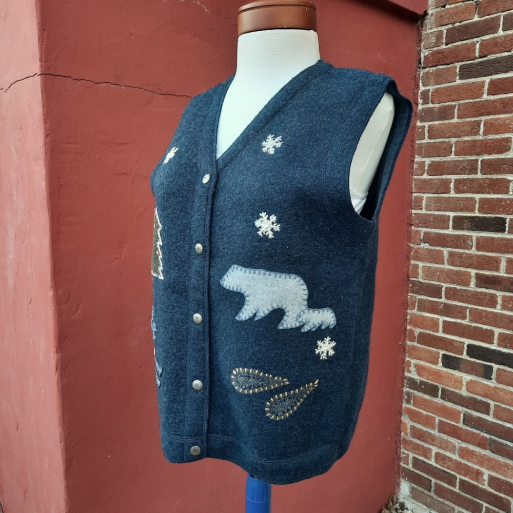 Woolrich Boiled Wool Sweater Vest Polar Bear Snowshoe Patches Christmas Large